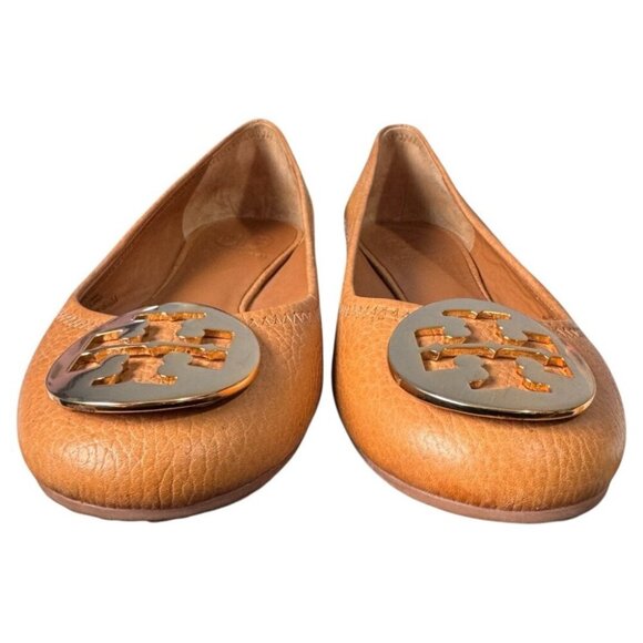 WORN ONCE Tory Burch Caramel Tan Pebbled Leather Designer ballet flats sz 5.5 M - Picture 2 of 8
